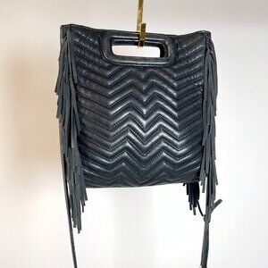 Maje Classic M Bag Black Chevron with Fringe with removeable strap